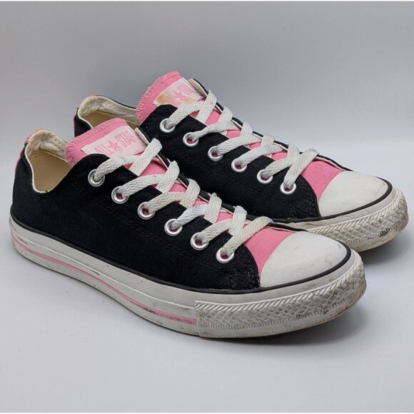 CONVERSE ALL STAR Womens Size 8.5 Canvas Low Top Sneakers Black Pink Chucks Lace - Picture 1 of 8
